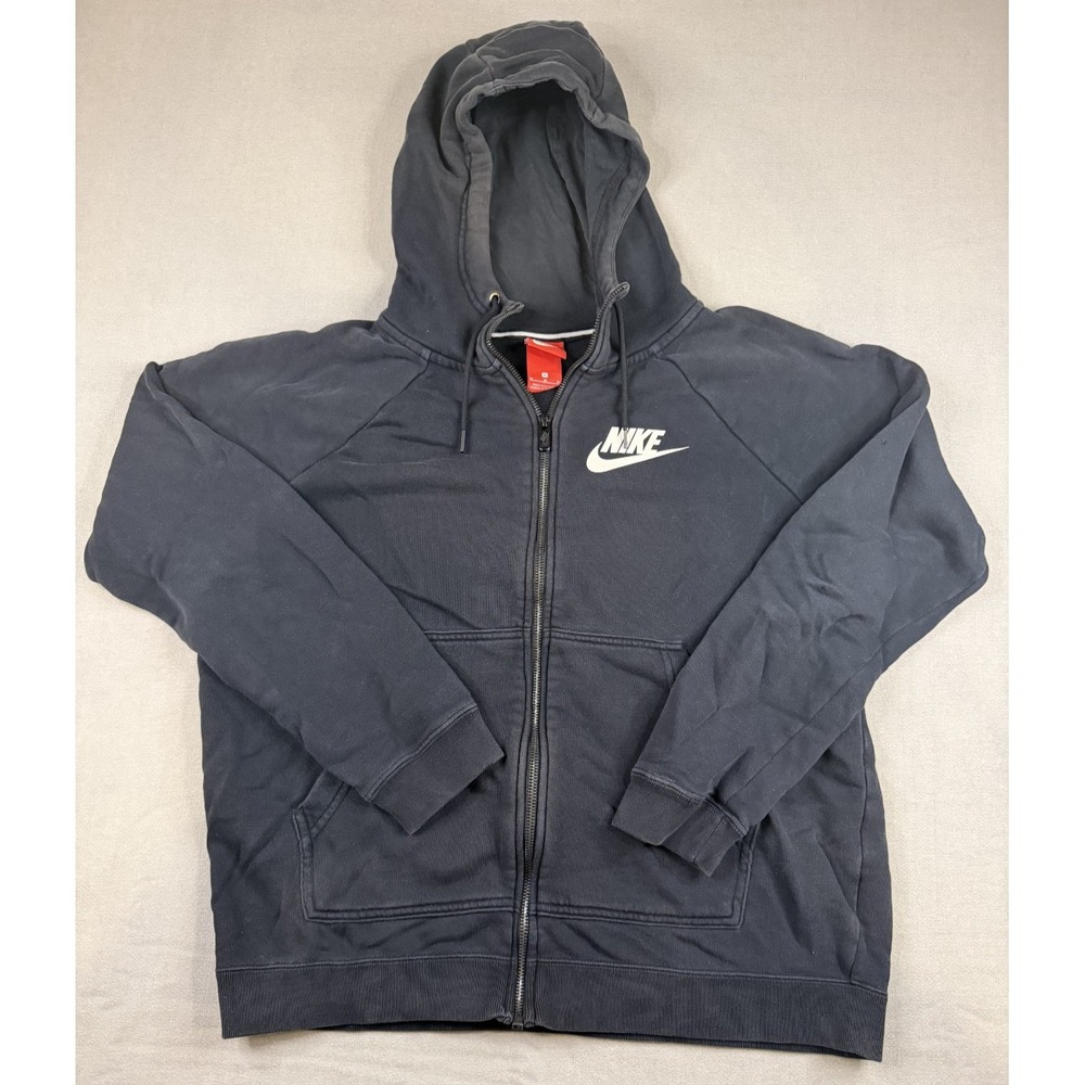 Faded Nike Men's Full Zip Hoodie Medium Black Hooded Sweatshirt